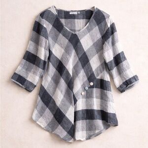 Habitat Cloths To Live In Tunic Woman Large Plaid V Neck Linen Blend Button